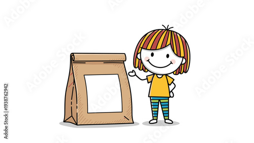 Adorable stick figure girl happily gesturing towards a plain brown paper bag with a blank white label, ready for customization or contents.