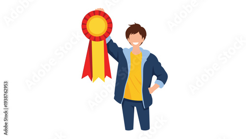 Happy man proudly holding up a red and gold award ribbon, symbolizing achievement, victory, and recognition for success.