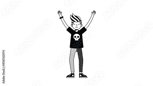 Energetic punk rock-style boy with spiky hair, skull t-shirt, and patterned pants, raising his arms in excitement or celebration.