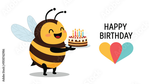 Cheerful cartoon bee happily holding a decorated birthday cake with lit candles, wishing "HAPPY BIRTHDAY" with colorful hearts.