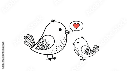 Charming illustration of a larger bird talking to a smaller bird, with a heart in a speech bubble, symbolizing parental love, care, or mentorship.