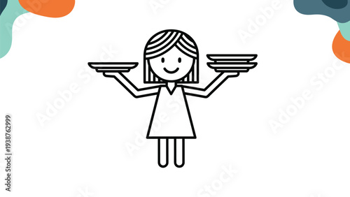 Simple stick figure woman holding stacks of plates in both hands, symbolizing serving, hospitality, or balancing multiple tasks and responsibilities.