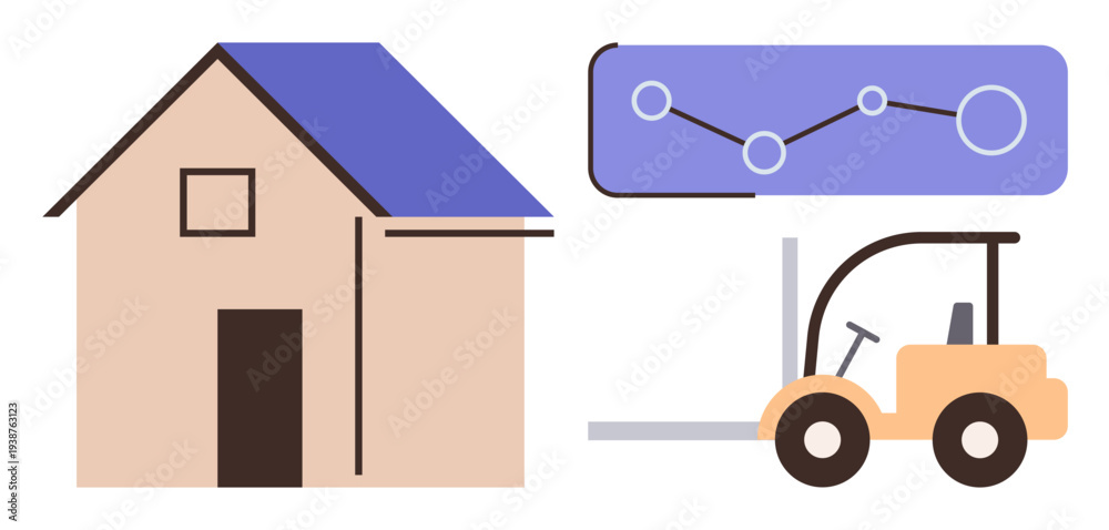 Fototapeta premium Logistics, transportation, inventory management, data tracking, supply chain efficiency, warehouse planning. A house, forklift and data graph. Logistics and inventory management concepts