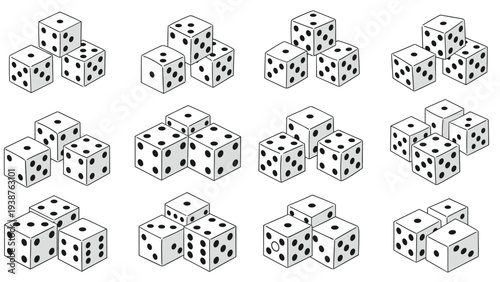 Diverse collection of dice arrangements and stacks, showcasing various numbers and configurations for games, chance, or probability concepts.