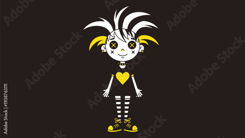 Adorable punk goth style girl skeleton character with spiky white hair, yellow heart, and patterned clothing, standing against a dark background.