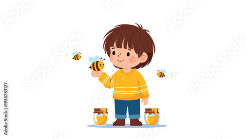 Charming illustration of a boy gently holding a bee, with jars of honey on the ground and other bees flying, symbolizing connection with nature and beekeeping.