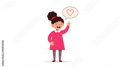 Cheerful girl with curly hair happily waving her hand, with a heart in a speech bubble, expressing love, friendliness, or a warm greeting.