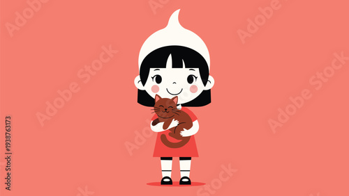 Adorable girl with a unique white hat and red dress lovingly holding a cute brown cat, against a warm, solid red background.