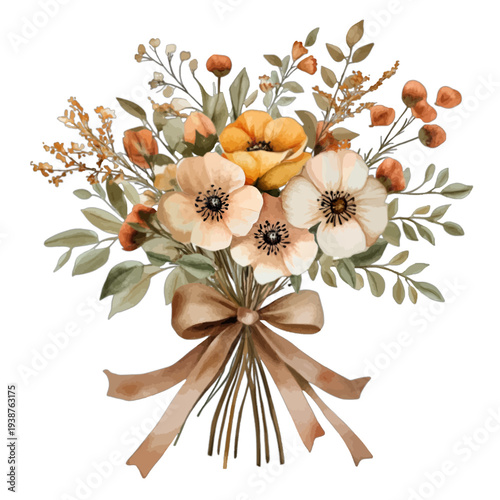 Watercolor boho floral bouquet with peach anemones and rust orange buds