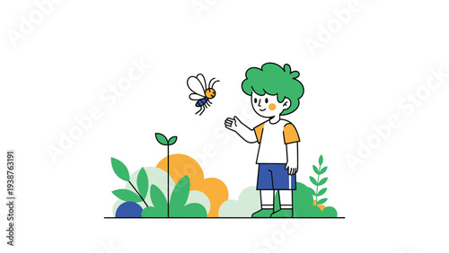 Friendly boy gently interacting with a flying bee in a vibrant garden setting, symbolizing curiosity, connection with nature, and environmental awareness.
