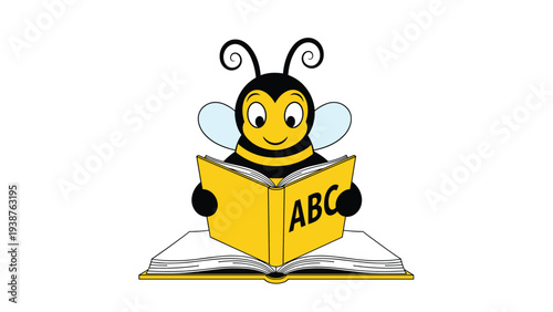 Adorable cartoon bee happily reading an "ABC" book, symbolizing early childhood education, literacy, and the joy of learning.