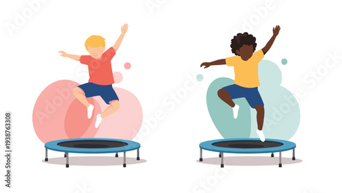 Dynamic illustration of two happy boys of diverse ethnicities joyfully jumping on separate trampolines, symbolizing fun, exercise, and active play.