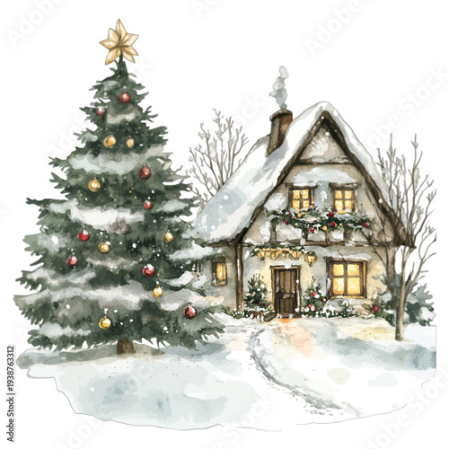 Watercolor Christmas Cottage Illustration with Snowy Pine Tree and Lights
