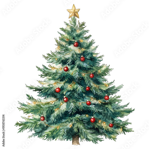 Watercolor Christmas tree with red ball ornaments and golden star topper