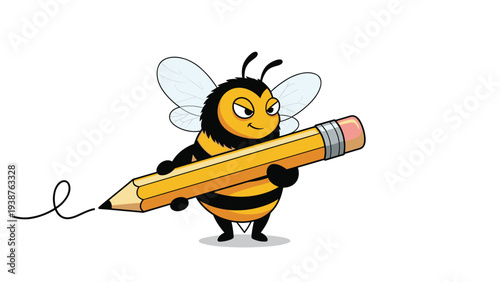Determined cartoon bee with a focused expression confidently holding a large pencil and drawing a line, symbolizing creativity and precision.
