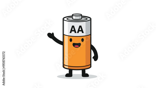 Cute cartoon AA battery character with a happy smiling face, waving its hand, symbolizing energy, power, and enthusiasm.