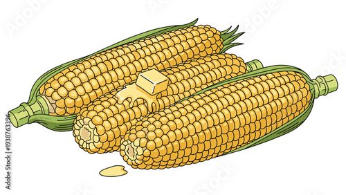 Delicious illustration of three golden ears of corn topped with melting butter, depicting a tasty and comforting side dish or snack.