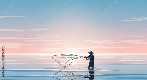 Man fishing in shallow water at serene sunset with net peaceful atmosphere and calm sea