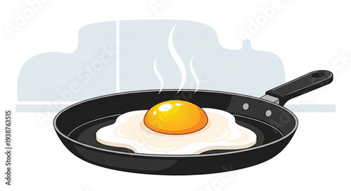 Fried egg in black pan with steam rising on white background with kitchenware