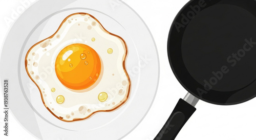 Fried egg on a white plate next to a black frying pan on a clean white background for breakfast concept