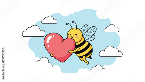Adorable cartoon bee happily flying through a cloudy sky, gently holding a large red heart, symbolizing love, affection, and happiness.