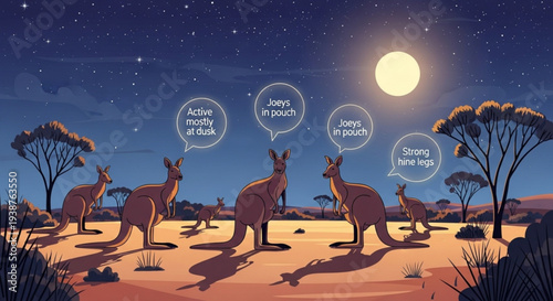 Group of kangaroos conversing under a full moon in the australian outback at night