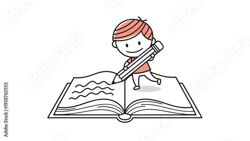 Simple stick figure boy happily writing in a large open book with a pencil, representing learning, creativity, and academic pursuit.