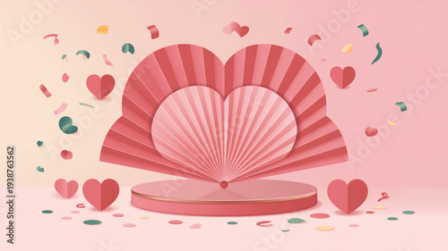 Heart shaped pink fan on a podium with confetti and hearts festive valentine's day background with pink and peach tones
