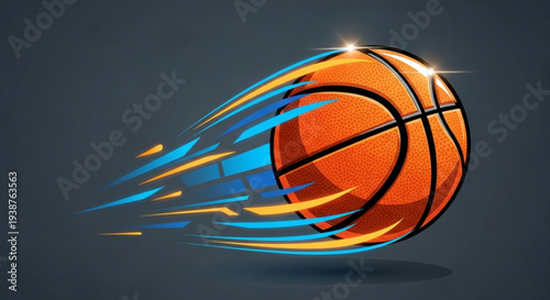 Vibrant orange basketball with blue and yellow streaks moving fast on dark background with sparkling light