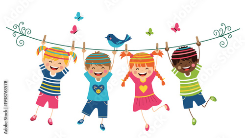 Joyful illustration of four happy, diverse children playfully hanging upside down on a clothesline, surrounded by birds and butterflies, symbolizing fun and freedom.