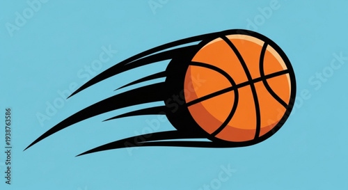 Orange basketball in motion on light blue background with dynamic black streaks