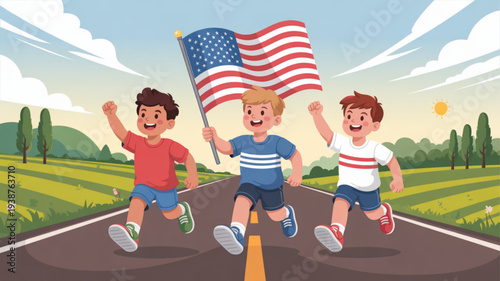 Three joyful boys running down a road together holding an american flag celebrating freedom and friendship on a sunny day