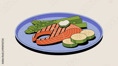 Grilled salmon steak with asparagus and cucumber slices on a blue plate healthy food concept