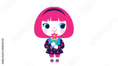 Adorable girl with vibrant pink bob hair and a charming dress, gently holding a single flower, symbolizing innocence and sweet affection.
