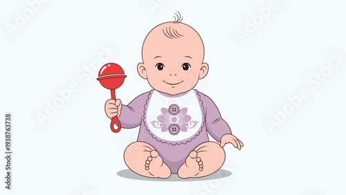 Adorable happy baby sitting up and holding a red rattle, wearing a charming bib, symbolizing infancy, play, and development.
