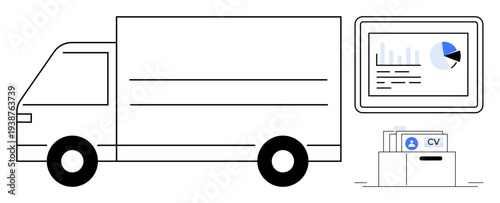 Logistics concept. Logistics ed by a delivery truck, data management via a tablet dashboard with analytics, and files for organization. Ideal for supply chain, data integration, business planning