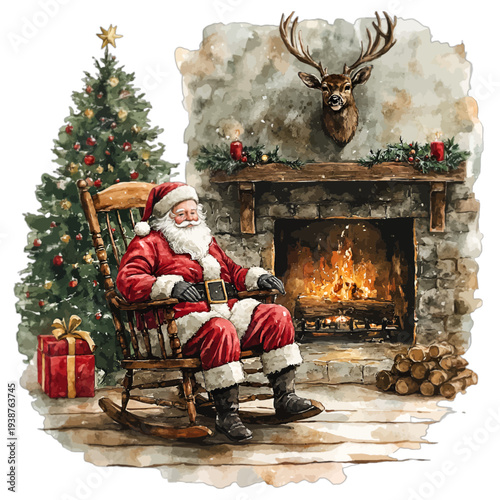 Watercolor Santa Claus sitting in rocking chair by a cozy fireplace
