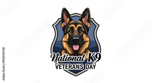 Illustration of a German Shepherd dog's head in a shield with 'National K9 Veterans Day' text, a symbolic design for K9 heroes and military working dogs.