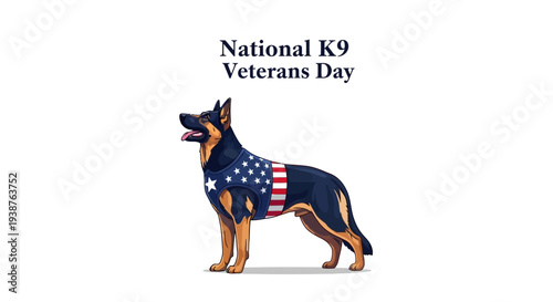 Illustration of a patriotically decorated dog for National K9 Veterans Day with American flag elements on a clean white background.