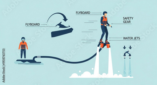 Flyboard water sports illustration with labeled safety gear and jets for adventure seekers