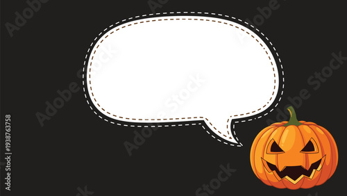 Festive Halloween pumpkin with a spooky carved face and a large blank speech bubble, perfect for custom messages or seasonal greetings on a black background.