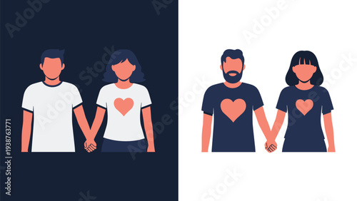 Dual illustration featuring a man and woman holding hands, with a heart on their shirts, presented in both light and dark background versions, symbolizing unity and love.