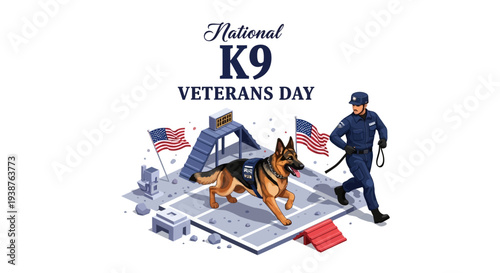 Illustration of a police K9 unit with a dog and handler, celebrating National K9 Veterans Day with American flags and a map in a patriotic design.