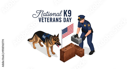 Illustration of a German Shepherd dog with an American flag, commemorating National K9 Veterans Day with a patriotic shield design.