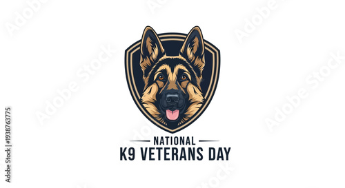 Illustration of a German Shepherd dog's head in a shield with text 'National K9 Veterans Day' on a white background, symbolizing military working dogs and K9 service heroes.