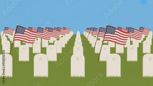 Patriotic american flags in a serene cemetery landscape with white headstones on green grass under blue sky