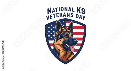 Illustration of a German Shepherd dog with an American flag, commemorating National K9 Veterans Day with a patriotic shield design.