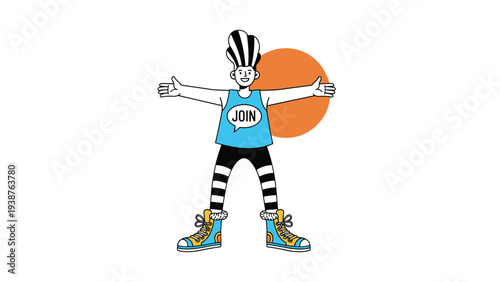 Energetic punk alternative character with "JOIN" written on their shirt, arms outstretched, actively inviting participation or collaboration.
