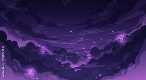 Dark fantasy night sky with purple clouds and glowing orbs floating in a mystical atmosphere
