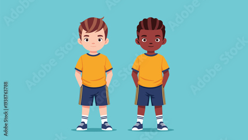 Charming illustration of two boys, one Caucasian and one African American, standing in identical sports outfits, symbolizing friendship and equality in sports.